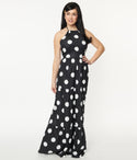 Satin Sleeveless Self Tie Back Zipper Banding Tiered Polka Dots Print Halter Maxi Dress