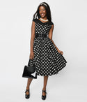 Off the Shoulder Swing-Skirt Back Zipper Belted Pocketed Ruched Polka Dots Print Bateau Neck Dress