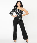 Puff Sleeves Sleeves One Shoulder Tie Waist Waistline Banding Self Tie Side Zipper Polka Dots Print Jumpsuit