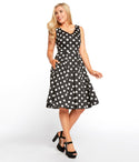 V-neck Polka Dots Print Pocketed Fitted Back Zipper Sleeveless Swing-Skirt Dress