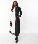 Back Zipper Colorblocking Pocketed Scoop Neck Long Sleeves Lace Trim Maxi Dress