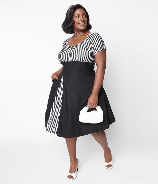 Swing-Skirt Front Vent Short Sleeves Sleeves Striped Print Knit Dress