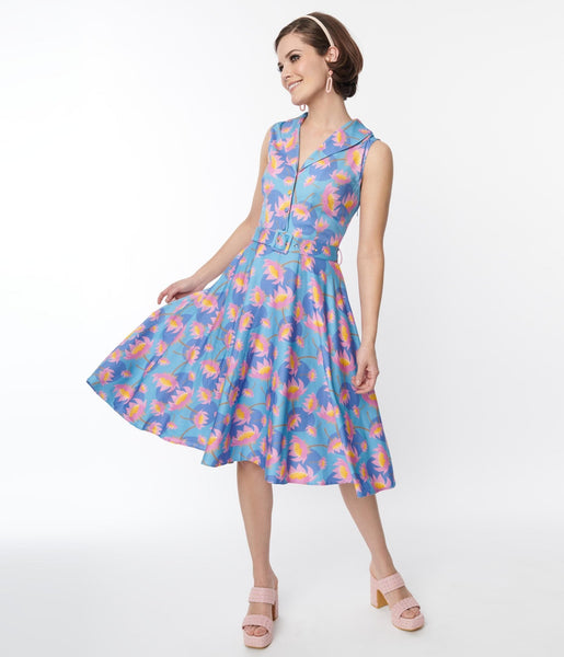 Knit Swing-Skirt Fitted Flower(s) Side Zipper Dress