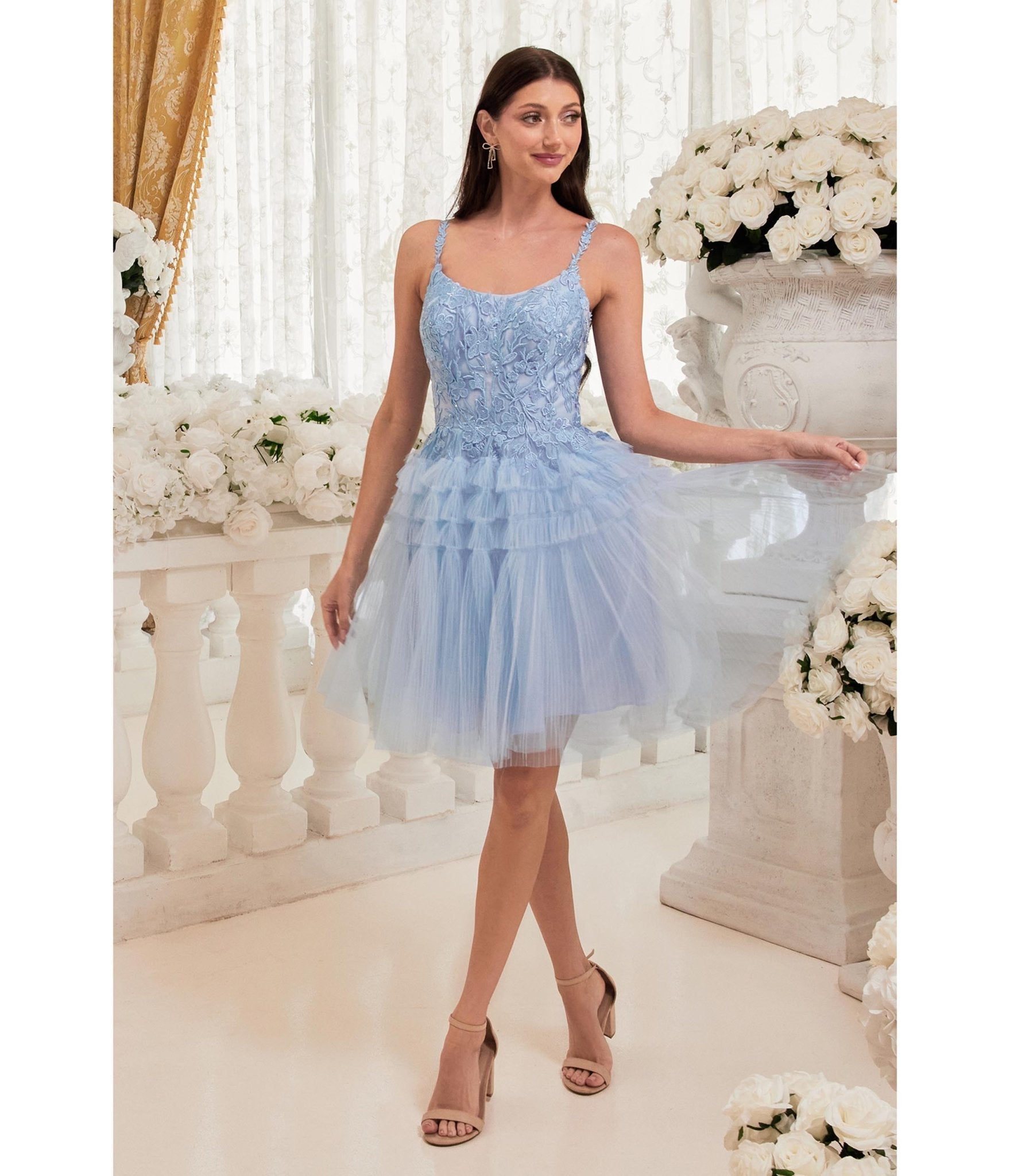 

Cinderella Divine Blue Floral Applique & Tiered Tulle Cocktail Dress