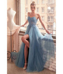 A-line Sleeveless Spaghetti Strap Corset Waistline Beaded Shirred Slit Open-Back Glittering Applique Sheer Lace-Up Sweetheart Floor Length Dress