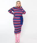 Striped Print Turtleneck Long Sleeves Knit Bodycon Dress/Midi Dress