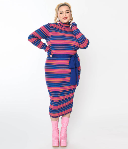 Striped Print Turtleneck Knit Long Sleeves Bodycon Dress/Midi Dress