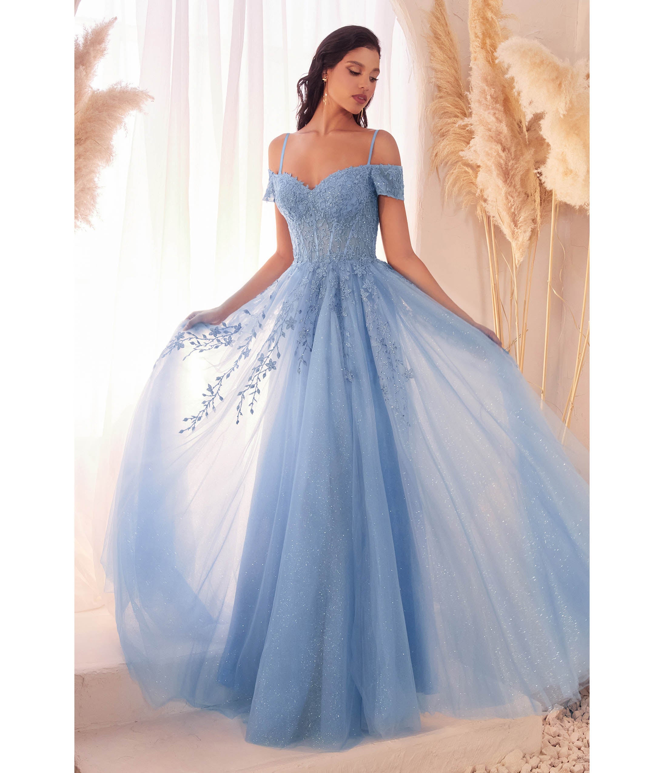 

Cinderella Divine Blue Glitter Tulle Off The Shoulder Applique Slit Gown