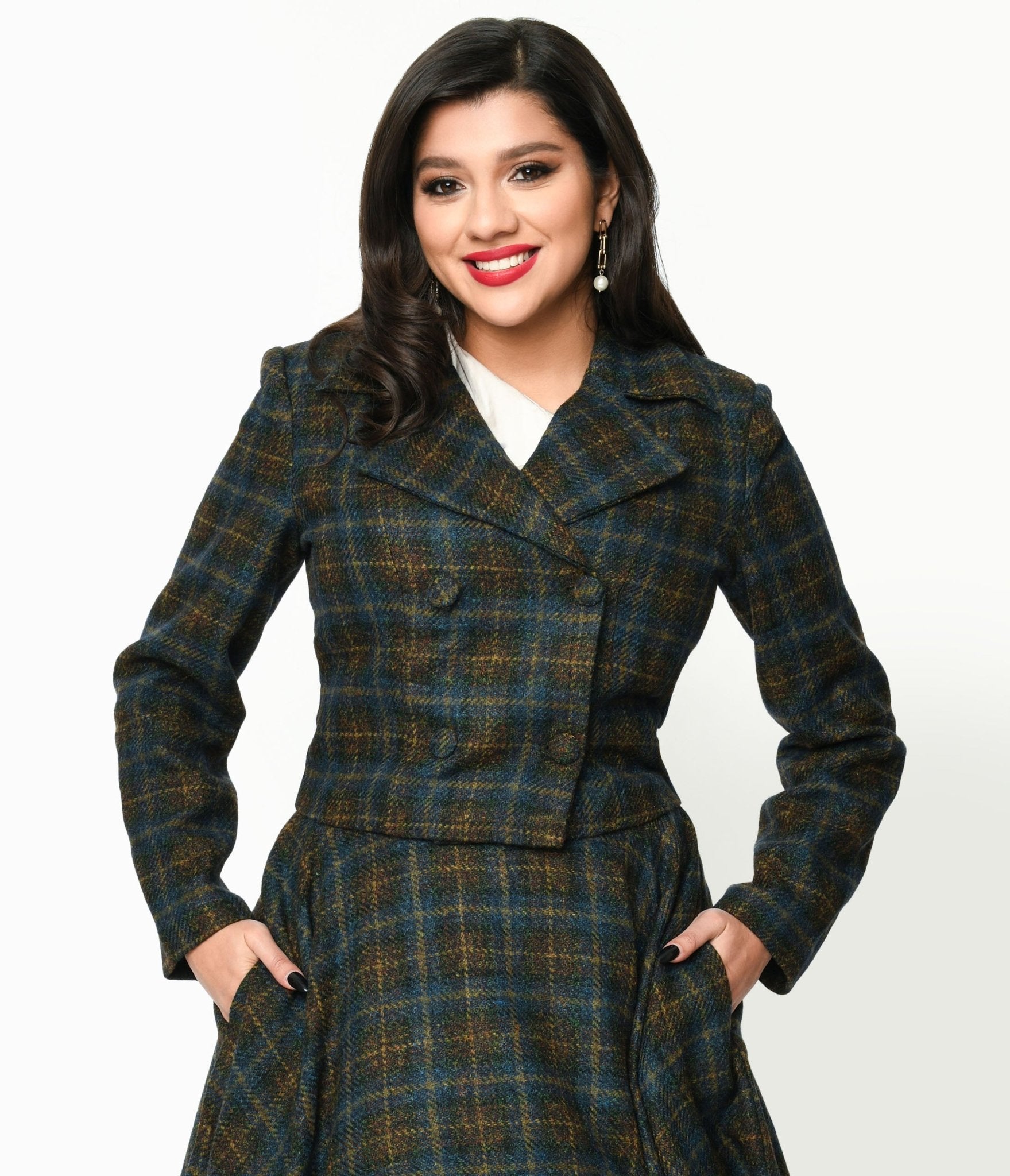 1940s Style Coats and Jackets for Sale Blue  Green Check Plaid Jacket $110.00 AT vintagedancer.com