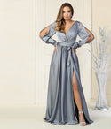 A-line V-neck Satin Natural Waistline Back Zipper V Back Goddess Gathered Faux Wrap Ruched Slit Floor Length Bishop Long Sleeves Prom Dress