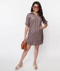 Floral Print Corduroy Short Sleeves Sleeves Collared Shift Dress