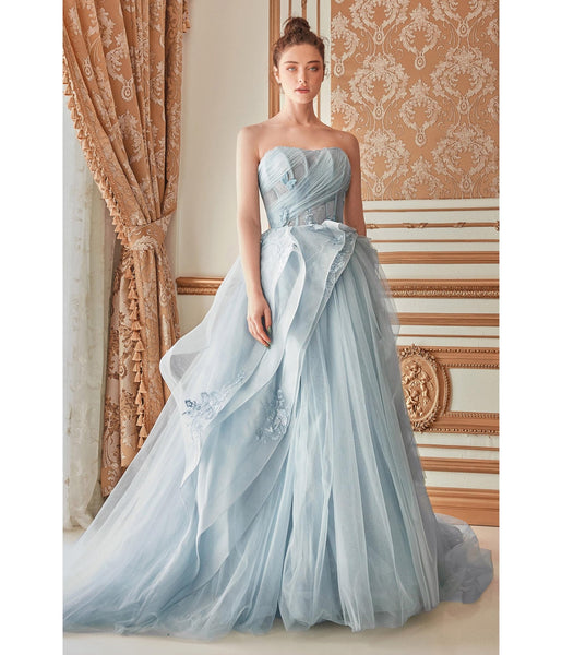 A-line Strapless Corset Waistline Asymmetric Draped Embroidered Peplum Sheer Wrap Glittering Floor Length Tulle Evening Dress with a Court Train