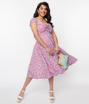 Sweetheart Floral Print Cap Sleeves Back Zipper Pocketed Swing-Skirt Dress