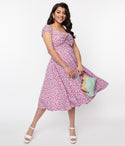 Floral Print Cap Sleeves Pocketed Back Zipper Swing-Skirt Sweetheart Dress