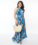 Fitted Self Tie Pleated Tropical Print Halter Maxi Dress