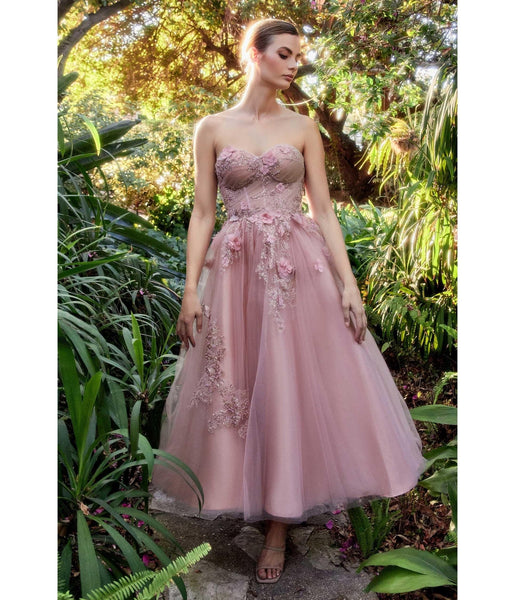 A-line Strapless Tulle Glittering Ruched Applique Cocktail Tea Length Floral Print Bridesmaid Dress