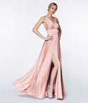 A-line V-neck Satin Slit Shirred Empire Waistline Bridesmaid Dress