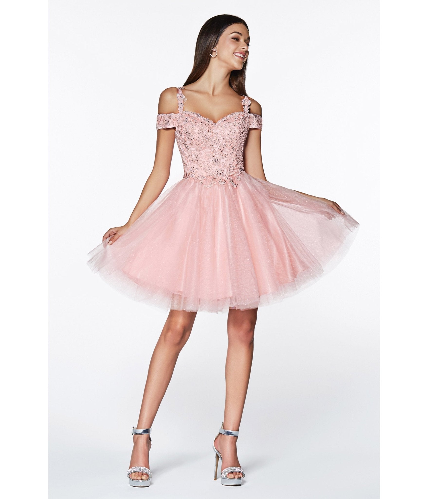 

Cinderella Divine Blush Glitter Tulle Cold Shoulder Homecoming Dress