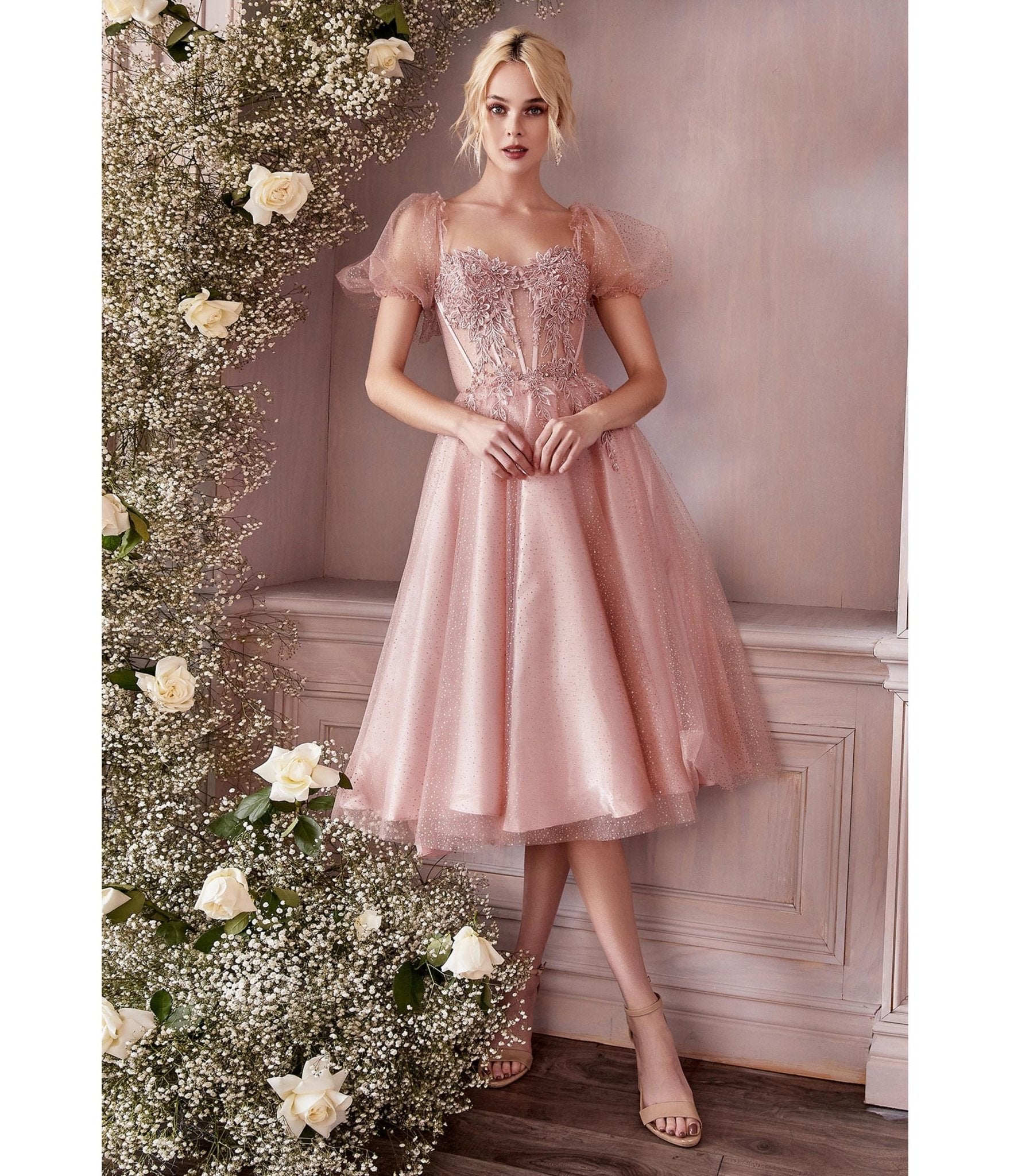 

Cinderella Divine Blush Pink Glitter Floral Swing Prom Dress