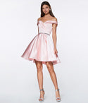 A-line Sweetheart Off the Shoulder Above the Knee Satin V Back Flowy Prom Dress