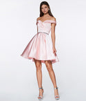 A-line Above the Knee Off the Shoulder Satin V Back Flowy Sweetheart Prom Dress