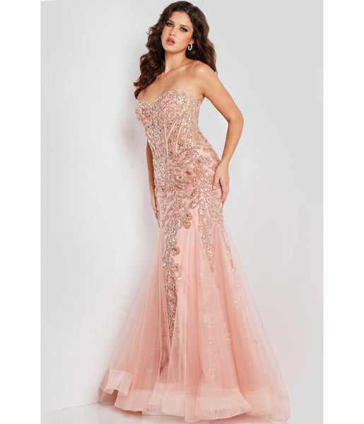 Strapless Beaded Sheer Sequined Hidden Back Zipper Tulle Mermaid Sweetheart Corset Waistline Evening Dress