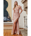 Off the Shoulder Sequined Slit Gathered Sweetheart Prom Dress