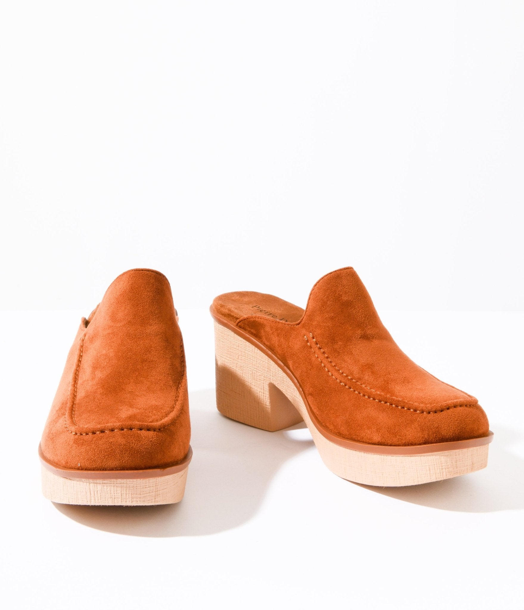 

1970S Brown Faux Suede Platform Mule Heels