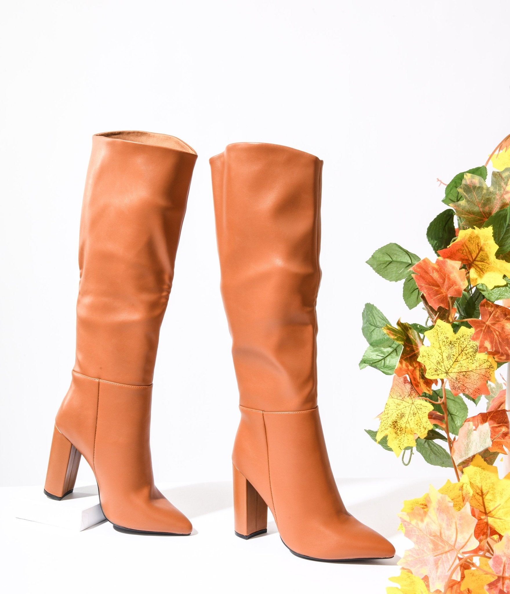 1970s Brown Leatherette Pointed Toe Knee-High Boots