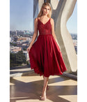 Sophisticated A-line V-neck Tea Length Chiffon Plunging Neck Sleeveless Beaded Sheer Fitted Dress