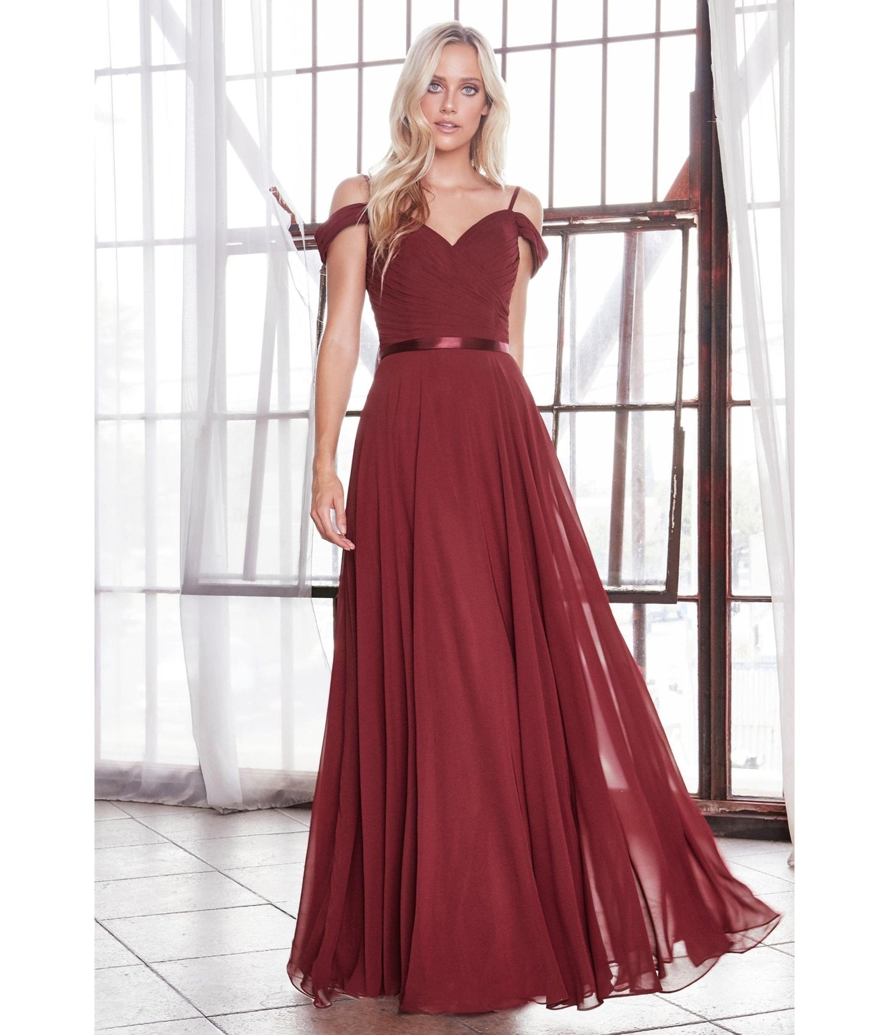 

Cinderella Divine Burgundy Chiffon Prom Gown