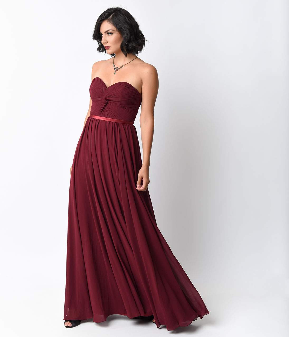 

Cinderella Divine Burgundy Chiffon Strapless Sweetheart Corset Long Gown