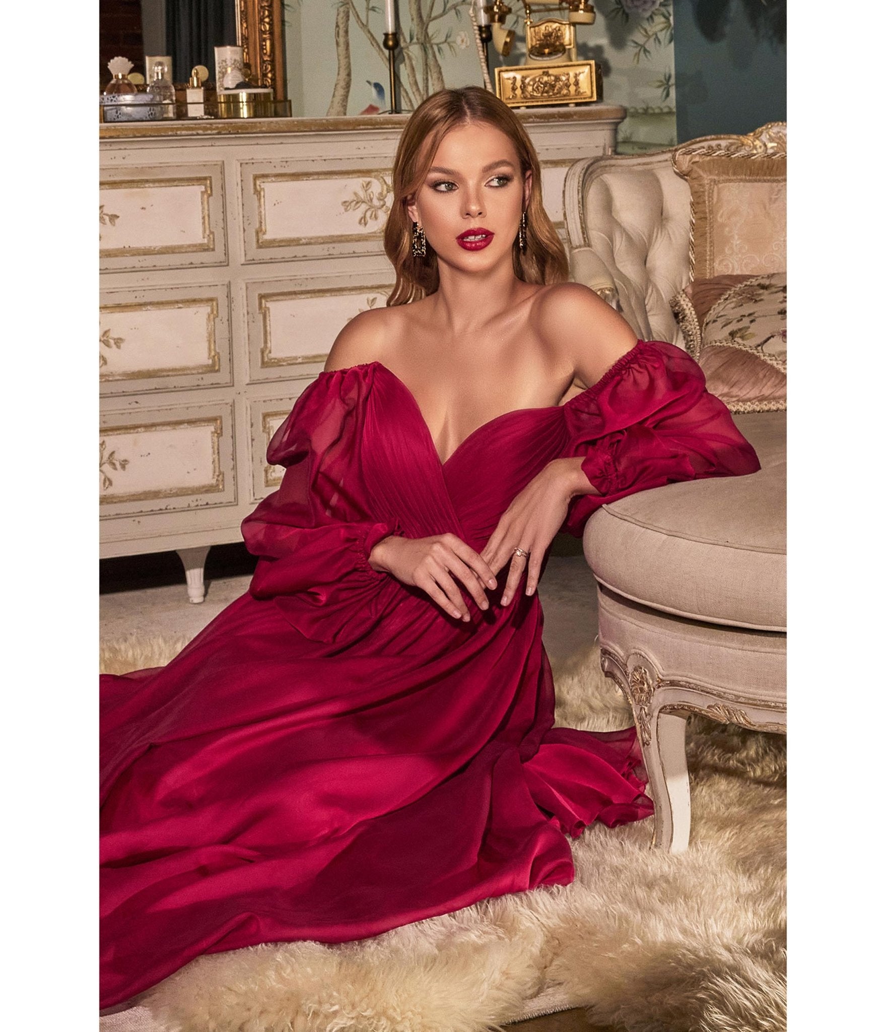 

Cinderella Divine Burgundy Chiffon Sweetheart Bridesmaid Goddess Gown