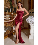 Spaghetti Strap Slit Lace-Up Draped Floor Length Satin Bridesmaid Dress with a Brush/Sweep Train by Cinderella Divine Moto