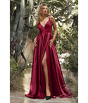 A-line V-neck Satin Self Tie Flowy Slit Bridesmaid Dress