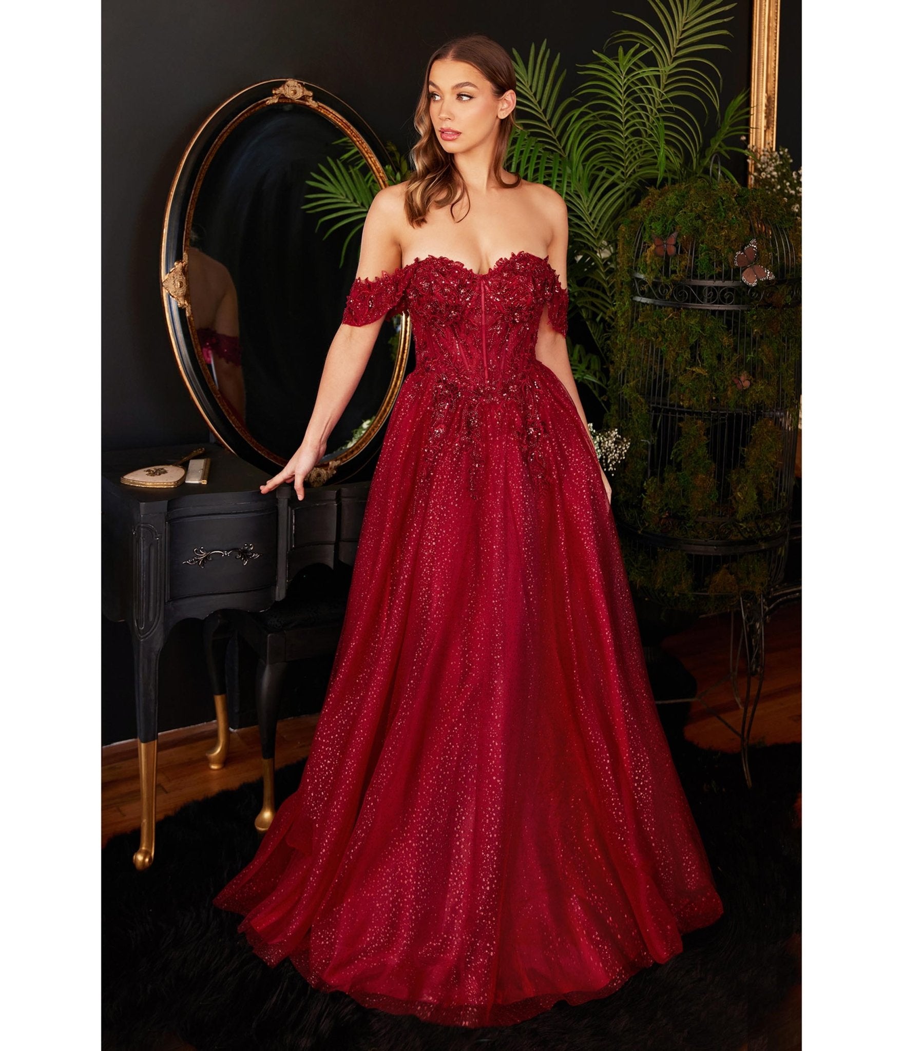 

Cinderella Divine Burgundy Glitter Lace & Tulle Embellished Off The Shoulder Prom Gown