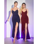 V-neck Sheath Cowl Neck Lace-Up Slit Glittering Sheath Dress/Prom Dress With a Sash