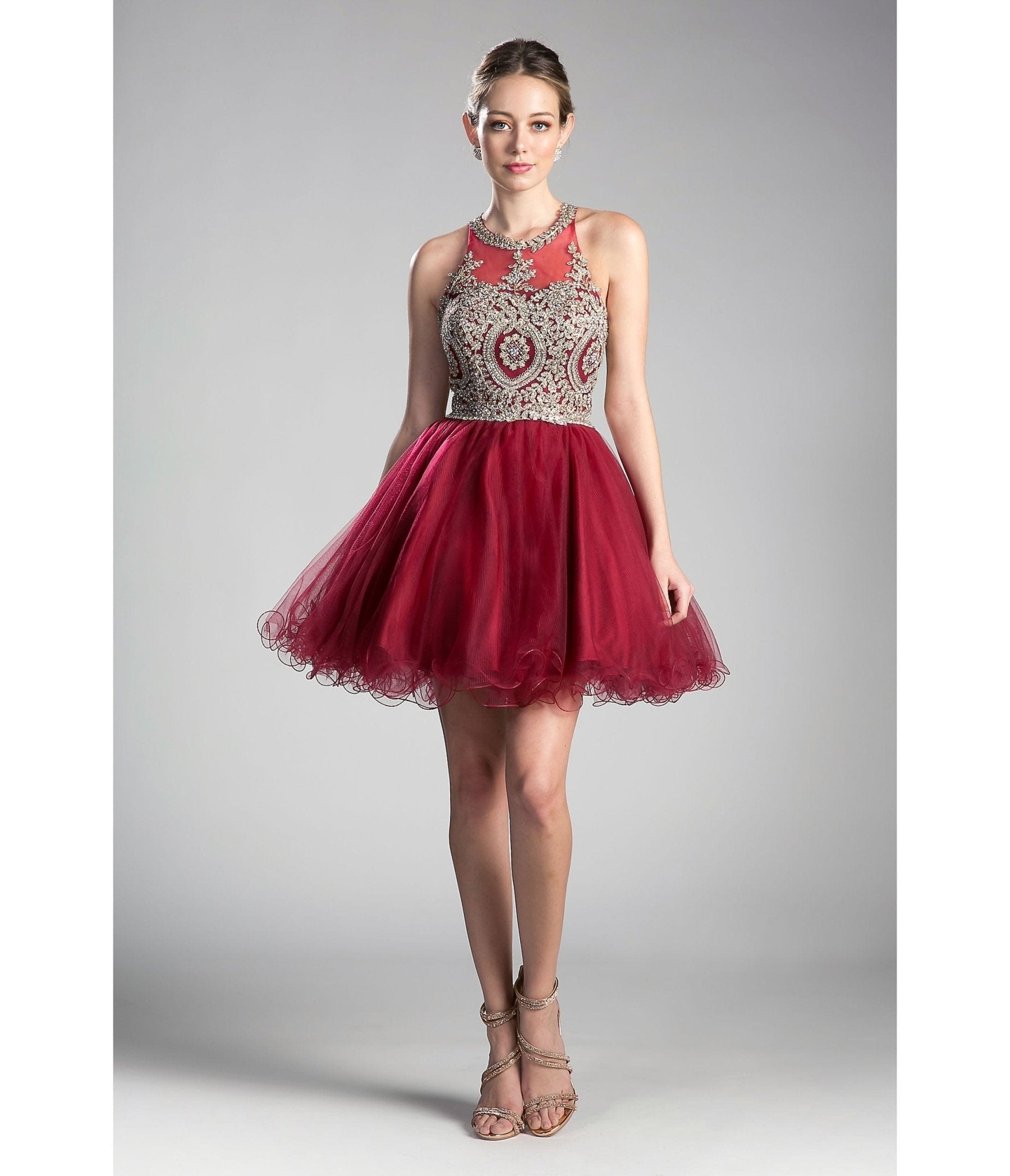 

Cinderella Divine Burgundy & Gold Beaded Lace Ballerina Homecoming Dress