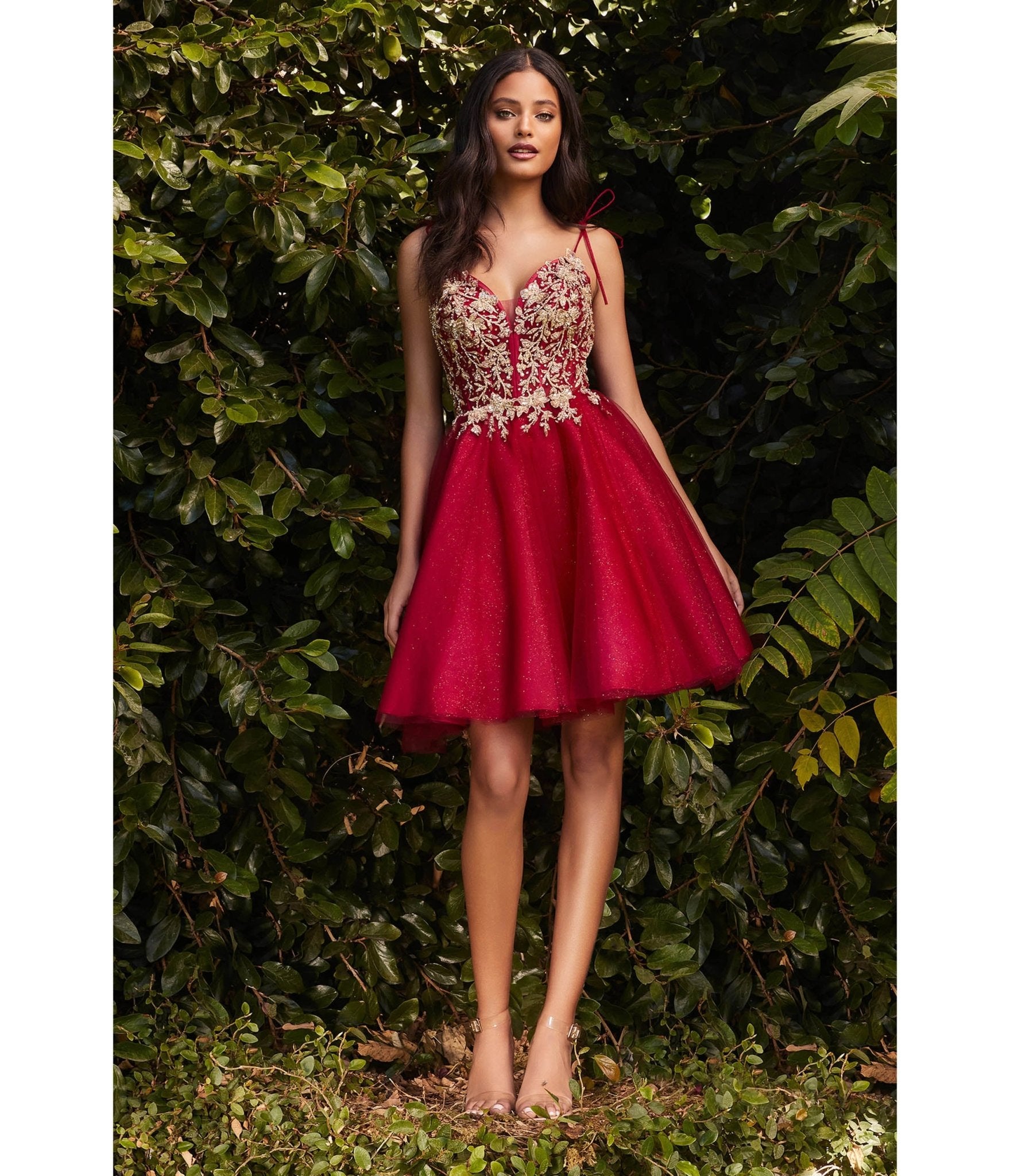 

Cinderella Divine Burgundy & Gold Tulle & Corset Applique Mini Prom Dress