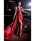 V-neck Halter Plunging Neck Sheath Satin Sleeveless Backless Asymmetric Slit Pleated Fitted Sheath Dress/Evening Dress with a Brush/Sweep Train