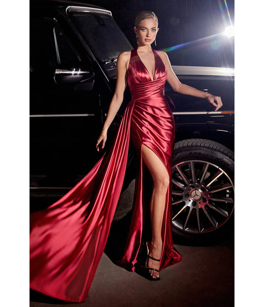 V-neck Backless Asymmetric Slit Fitted Pleated Halter Plunging Neck Sleeveless Sheath Satin Sheath Dress/Evening Dress with a Brush/Sweep Train