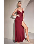 V-neck Floor Length Spaghetti Strap Ruched Faux Wrap Slit Satin Prom Dress