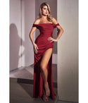 Satin Off the Shoulder Floor Length Sweetheart Fitted Draped Slit Ruched Bridesmaid Dress