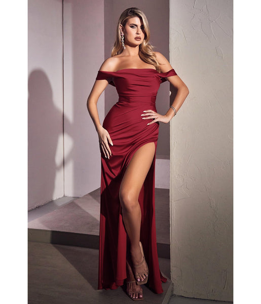 Fitted Ruched Slit Draped Floor Length Satin Off the Shoulder Sweetheart Bridesmaid Dress