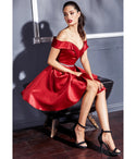 A-line Above the Knee Sweetheart Satin V Back Flowy Off the Shoulder Prom Dress