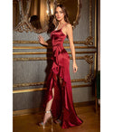 Sexy Satin Straight Neck Ruffle Trim Slit Fitted Asymmetric Dress