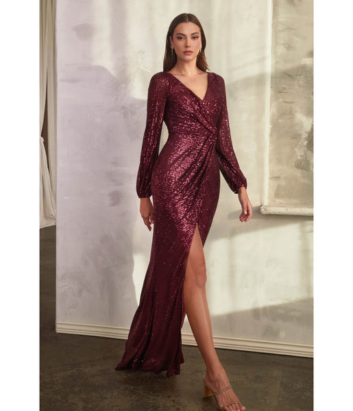 Sophisticated V-neck Long Sleeves Slit Gathered Sequined Evening Dress