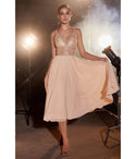 Sophisticated A-line V-neck Chiffon Fitted Beaded Sheer Sleeveless Plunging Neck Tea Length Dress