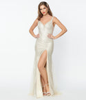 V-neck Sheath Tulle Plunging Neck Beaded Mesh Slit Cutout Sheath Dress/Wedding Dress with a Brush/Sweep Train by May Queen Inc.