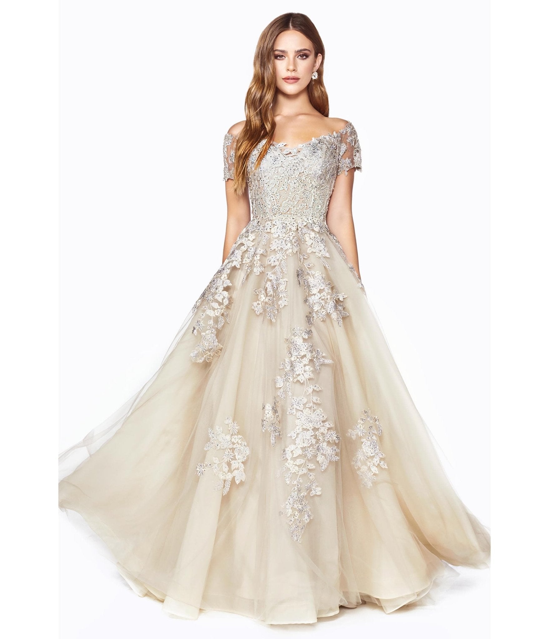 

Cinderella Divine Champagne Floral A Line Bridal Ball Gown